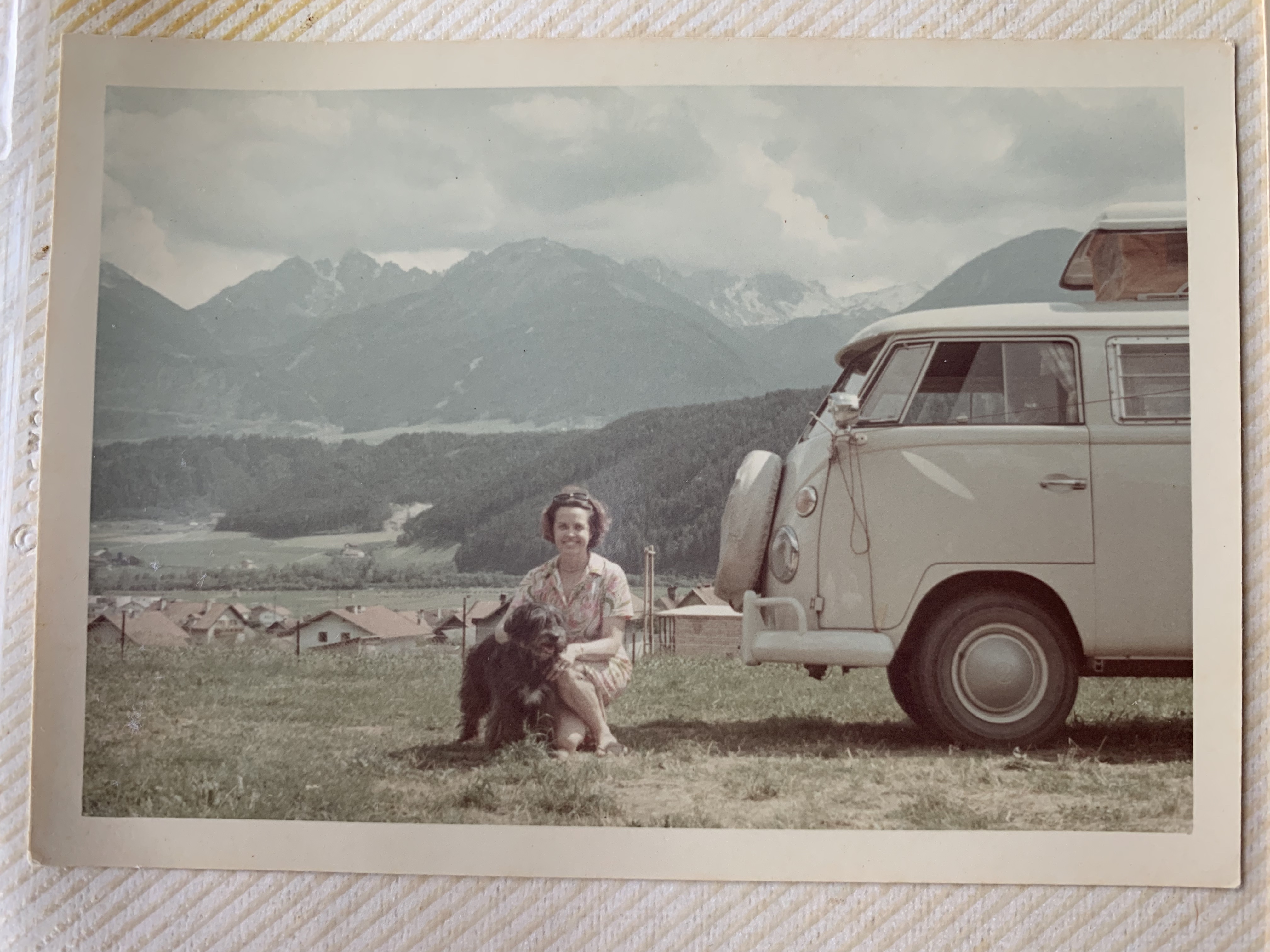 Aunt Giz with Happy the dog and Marta, a 1966 VW Camper Van